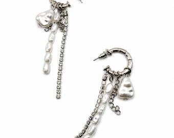 Baroque Pearl Hoop Earrings | Asymmetrical Dangle, Crystal Accents, Chic Statement