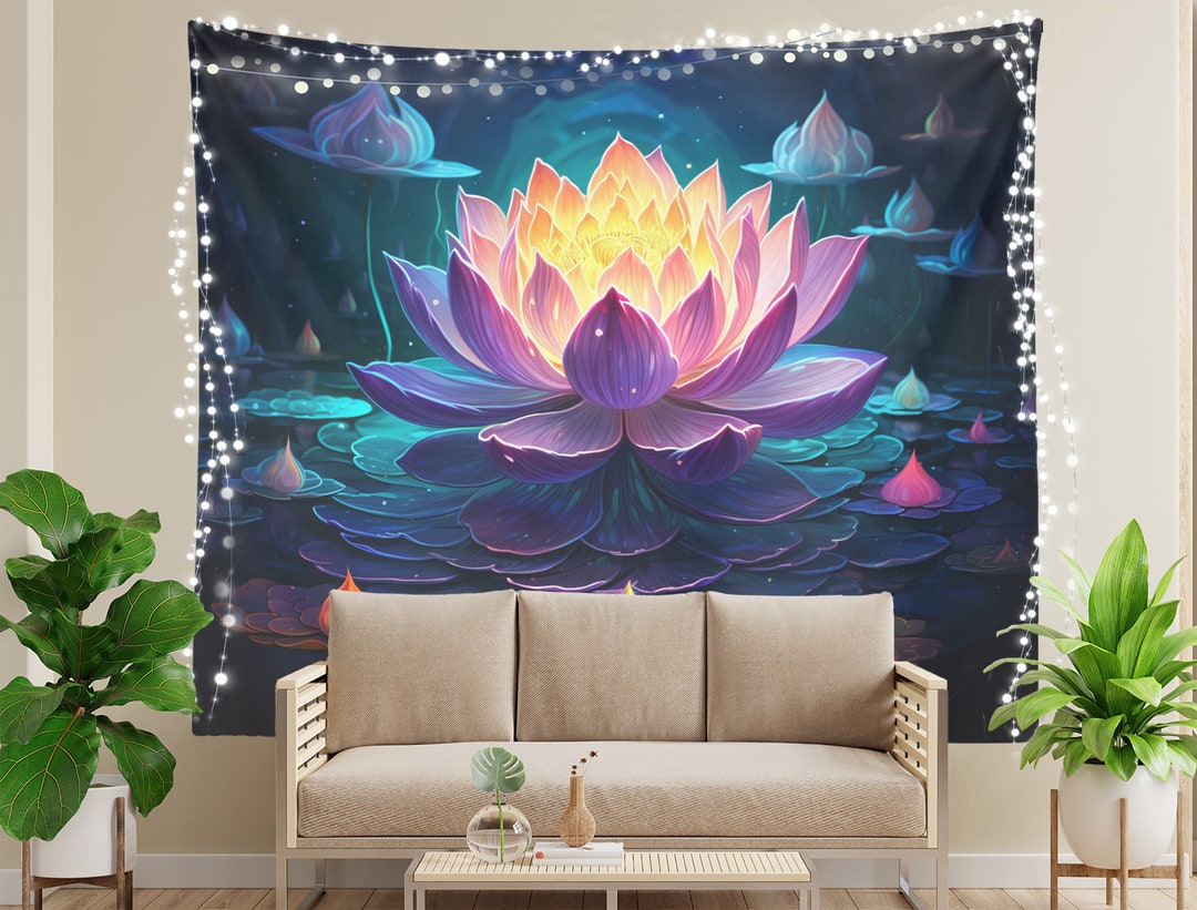 Vibrant Psychedelic Tapestry, Lotus Tapestry, Lily Pond Lotus, Colorful ...