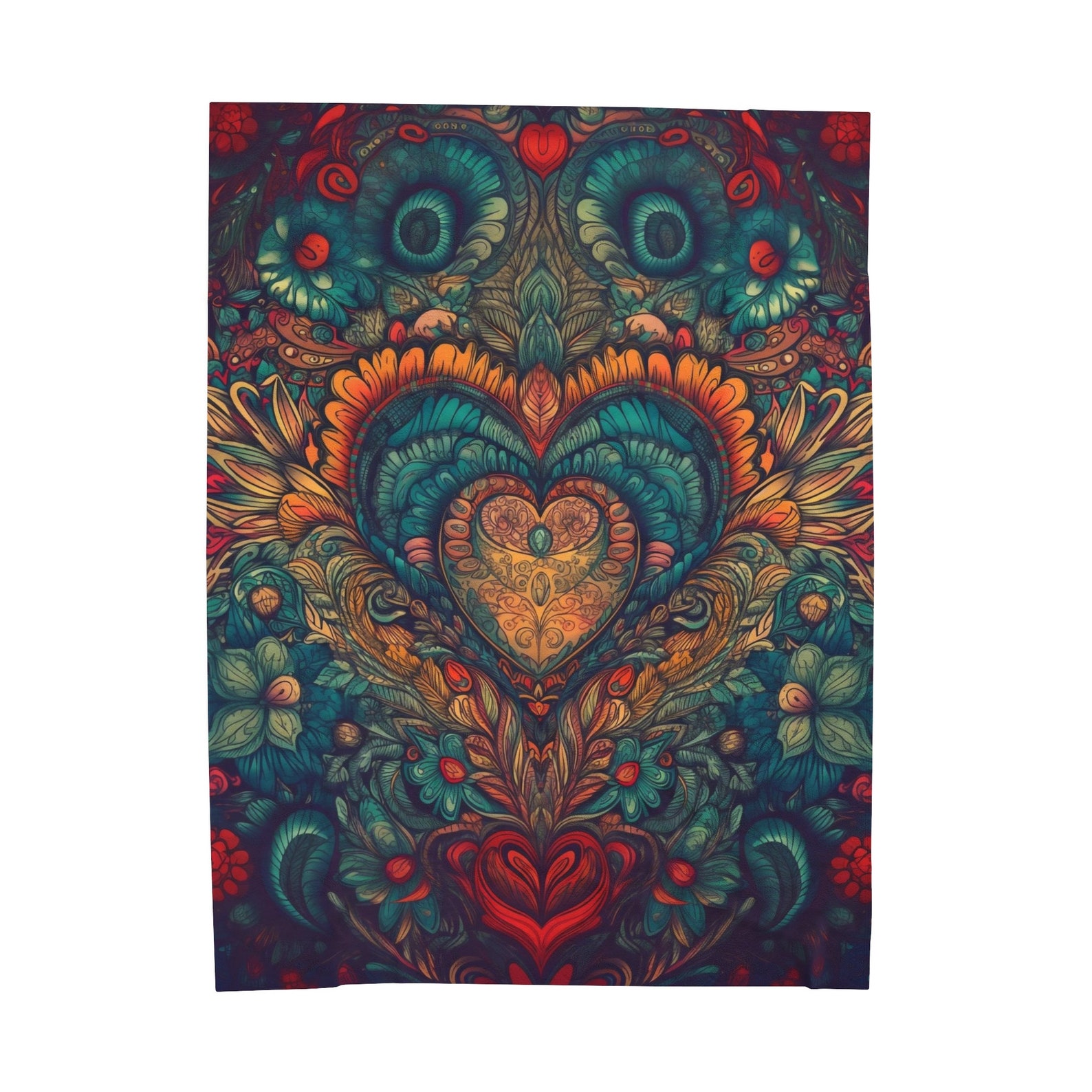 Velveteen Psychedelic Blanket, Heart Mandala Blanket, Colorful Home