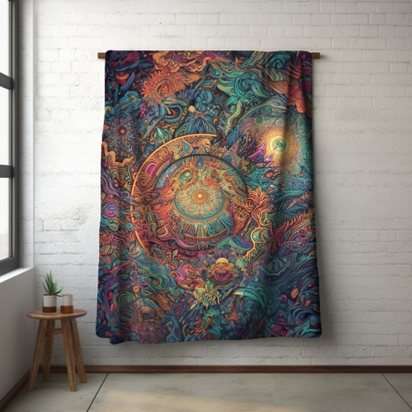 Velveteen Psychedelic Blanket, Sun Mandala Blanket, Colorful Home Decor, Housewarming Gift, VB103