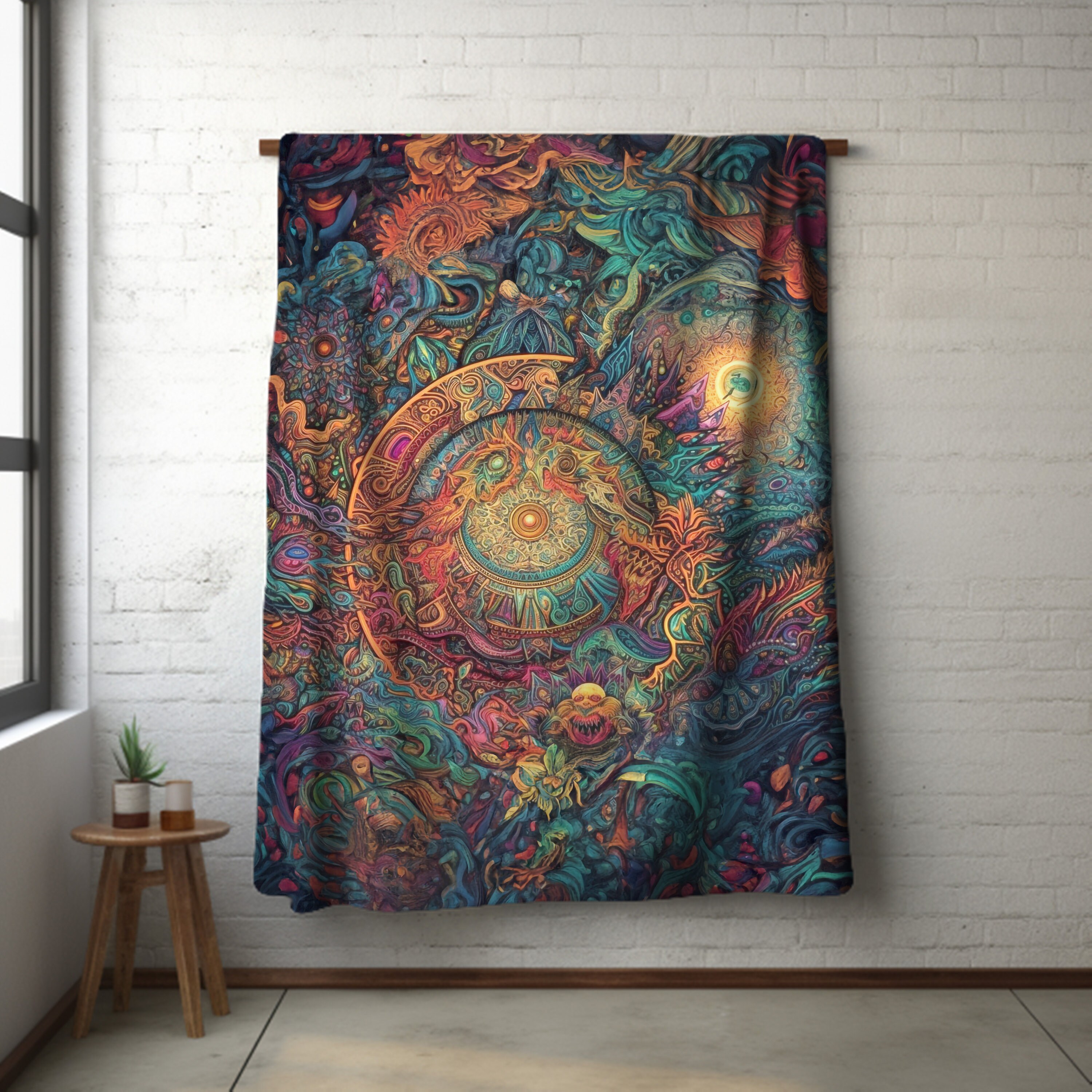Velveteen Psychedelic Blanket, Sun Mandala Blanket, Colorful Home Decor