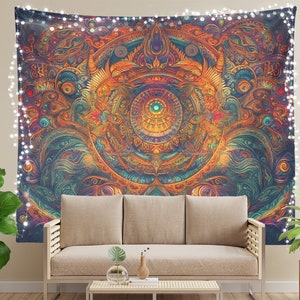 Vibrant Psychedelic Tapestry, Fire Mandala Tapestry, Colorful Home Decor, Wall Hanging Gift, WT105