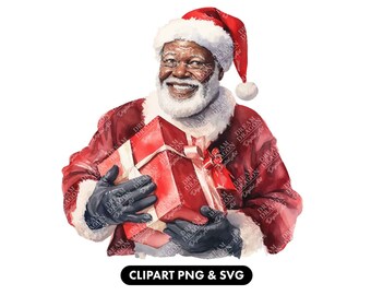Black Santa with Christmas presents, Black people clipart, Christmas clipart, Festive clipart, SVG File, PNG file, Digital download.