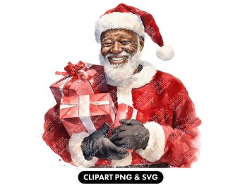 Black Santa Claus holding Christmas present, Festive Clipart, Black people Clipart, SVG clipart, Christmas presents, Digital download.