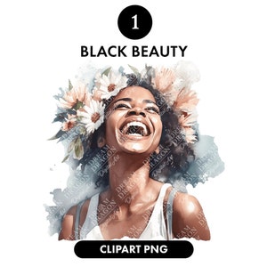 Black girl portrait, Laughing black girl, Floral afro girl, Watercolor portrait, Black afro queen, Floral afro art, Digital download