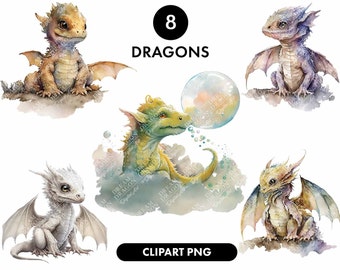 Bundle de cliparts aquarelle dragons, clipart Fantasy, clipart Fantasy pour livres, téléchargement numérique, clipart faisant des autocollants, créature mythique