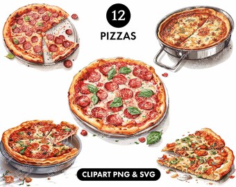 Pizza clipart, Junk Journal, voedsel illustratie clipart, PNG bundel, pizza illustraties, SVG bundel, digitale download