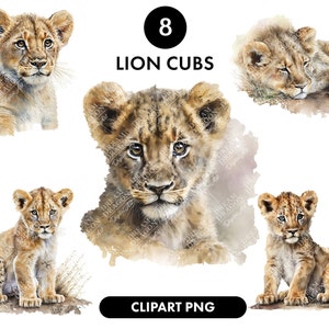 Pacote de clipart em aquarela de filhotes de leão fofos, arquivos png, berçário de selva, clipart, download digital, download instantâneo, criação de cartões, convites