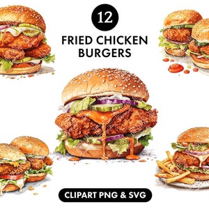Imágenes prediseñadas de hamburguesas de pollo frito, imágenes prediseñadas de comida rápida, imágenes prediseñadas de comida chatarra, paquete png, paquete SVG, diario basura, imágenes prediseñadas