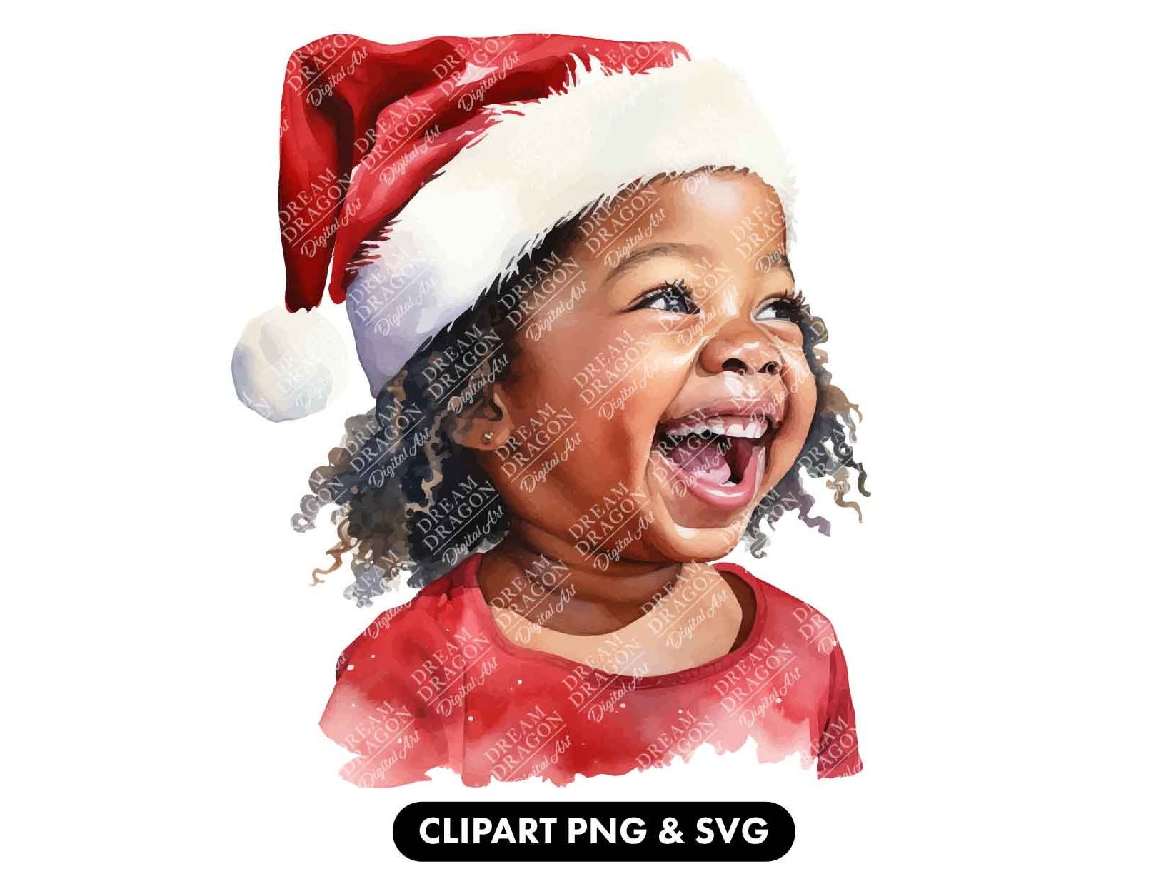 Adorable cheerful Black girl in Santa hat, Cute black child, Black people clipart, Festive clipart, Clipart, Digital download