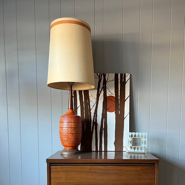 1960s Vintage Orange Ceramic Teak Wood MCM Tall Danish Table Lamp Mid Century Modern Rare