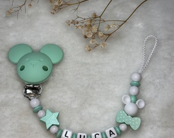 Schnullerkette mit Namen - Mint mit Maus Clip - Geschenkidee - Babyparty- Personalisiert