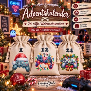 Può includere: Un set di download digitale composto da tre sacchetti beige con coulisse e grafiche natalizie a tema gaming. I sacchetti sono numerati 1, 12 e 24, decorati con controller, cappelli di Babbo Natale, luci e campanelle. Il testo riporta Adventskalender.