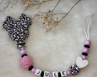 Schnullerkette mit Namen - Rosa Leo Muster mit  Maus  Clip - Geschenkidee - Babyparty- Personalisiert