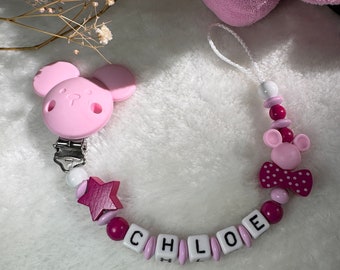 Schnullerkette mit Namen - Rosa Maus - Geschenkidee - Babyparty- Personalisiert