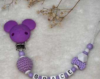 Schnullerkette mit Namen - Lila mit Maus Clip - Geschenkidee - Babyparty- Personalisiert