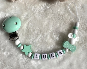 Schnullerkette mit Namen - Mint  - Geschenkidee - Babyparty- Personalisiert - mit Maus