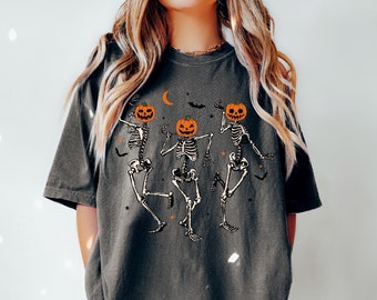 Comfort Colors® Dancing Skeleton Pumpkin Shirt, Retro Halloween Shirt, Womens Halloween Shirt, Cute Fall Shirt, Spooky Season, Pumpkin Face