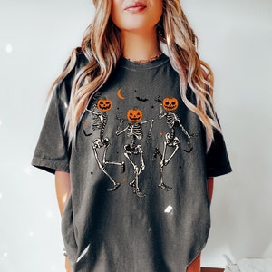 Comfort Colors® Dancing Skeleton Pumpkin Shirt, Retro Halloween Shirt, Womens Halloween Shirt, Cute Fall Shirt, Spooky Season, Pumpkin Face image 1