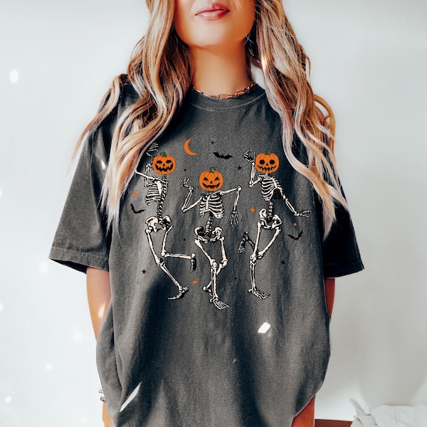 Comfort Colors® Dancing Skeleton Pumpkin Shirt, Retro Halloween Shirt, Womens Halloween Shirt, Cute Fall Shirt, Spooky Season, Pumpkin Face