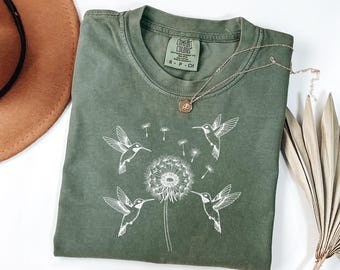 Comfort Colors® Dandelion Hummingbird Shirt, Bird Lover Gift, Good Luck Shirt, Spiritual Shirt, Spring Bird Shirt, Dandelion Birds Shirt