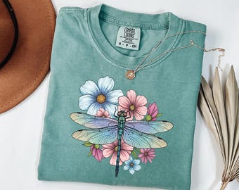 Comfort Colors® Womens Dragonfly Floral Shirt, Boho Dragonfly Shirt, Nature Lover Shirt, Garden Lover Gift, Cottagecore Shirt,Botanical Gift