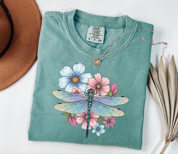 Comfort Colors® Womens Dragonfly Floral Shirt, Boho Dragonfly Shirt, Nature Lover Shirt, Garden Lover Gift, Cottagecore Shirt,Botanical Gift