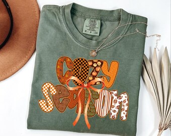 Comfort Colors® Cute Bow Cozy Season Shirt, Autumn Shirt, Fall Vibes Shirt, Womens Fall Season Shirt, Pumpkin Shirt, Fall Graphic Tee