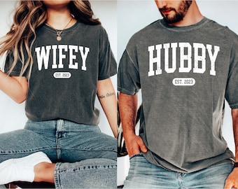 Comfort Colors®  Engagement Gift For Bride, Personalize Huband Wifey Shirt, Bridal Party Shirt, Honeymoon Shirt, Trendy Groom Wife Shirt