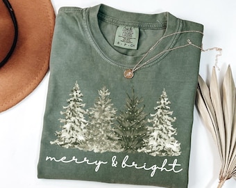 Comfort Colors® Merry & Bright Christmas Tree Shirt, Womens Holiday T-Shirt, Family Xmas Party Tee