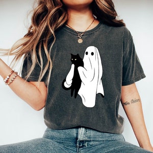 Comfort Colors® Ghost Holding Black Cat Halloween Shirt, Ghost Cat Halloween Shirt, Halloween Gift for Cats Owner, Funny Halloween Shirt