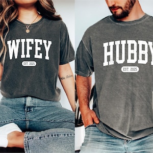 Comfort Colors®  Engagement Gift For Bride, Personalize Huband Wifey Shirt, Bridal Party Shirt, Honeymoon Shirt, Trendy Groom Wife Shirt