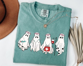Comfort Colors® Cute Ghost Nurse Halloween Shirt, Halloween Nurse Shirt, Spooky Nurse Shirt, Halloween Nurse Gift, Nurse Boo Crew Shirt