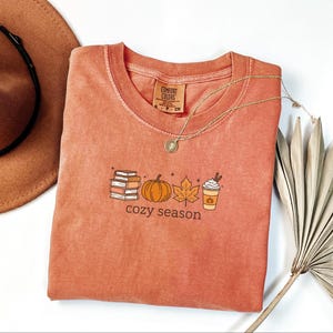 May include: A coral-coloured t-shirt with a crew neck and the words "cozy season" printed on the front. The graphic includes a stack of books, a pumpkin, a maple leaf, and a coffee cup. A gold necklace and a brown hat are also in the image.