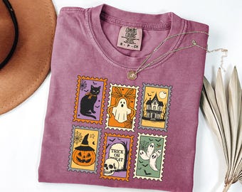 Comfort Colors® Cute Halloween Ghost Pumpkin Cat Shirt, Spooky Season, Retro Witch Shirt, Womens Halloween Shirt, Fall Spooky Cat Shirt