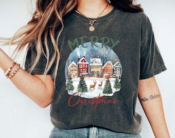Comfort Colors® Merry Christmas Shirt, Womens Christmas Shirt, Merry & Bright Shirt, Retro Holiday Tee, Cute Christmas Gift, Winter Festive