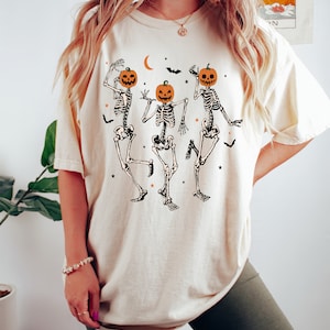 Comfort Colors® Dancing Skeleton Pumpkin Shirt, Retro Halloween Shirt, Womens Halloween Shirt, Cute Fall Shirt, Spooky Season, Pumpkin Face image 2