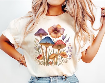 Comfort Colors® Mushroom Wildflower Shirt, Wild Flower, Cottagecore Shirt, Mushroom Tee, Botanical Mushroom Shirt, Mushroom and Floral Shirt