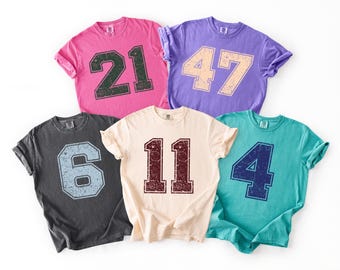 Comfort Colors® Custom Retro Number Varsity Shirt, Personalized Jersey Number Tee