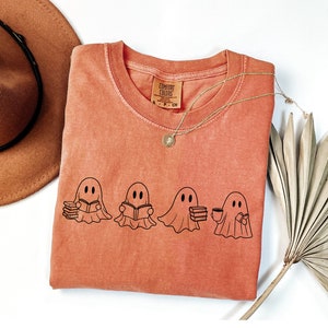 Comfort Colors® Cute Ghost Reading Books Shirt, Womens Halloween Shirt, Books Lover Halloween Shirt, Bookish Halloween Shirt, Spooky Season