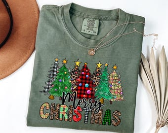 Comfort Colors® Cute Merry Christmas Tree Shirt : Womens Holiday Gift, Family Xmas Party Pajamas Top Tee