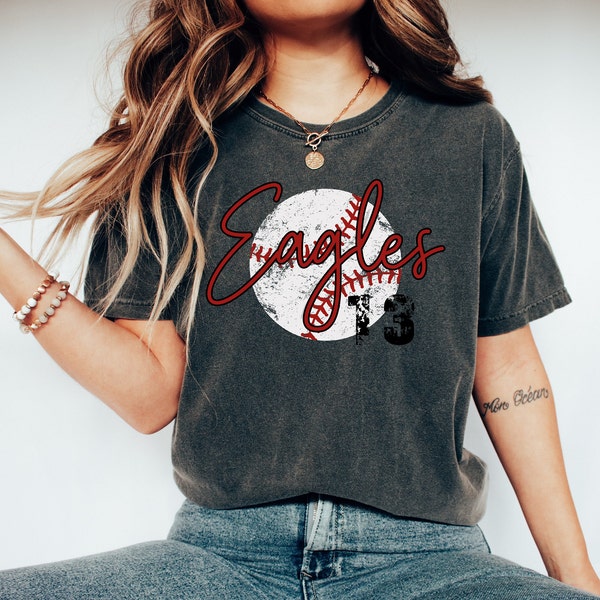 Camiseta de béisbol personalizada Comfort Colors® con nombre y número de equipo, mascota del equipo, día del partido y linda camiseta del equipo.