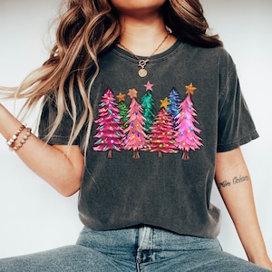 Comfort Colors® Merry And Bright Pink Christmas Tree Shirt, Womens Christmas Shirt, Holiday Shirt, Cute Family Christmas Shirt, Xmas Shirt