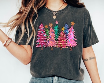 Comfort Colors® Merry And Bright Pink Christmas Tree Shirt, Womens Christmas Shirt, Holiday Shirt, Cute Family Christmas Shirt, Xmas Shirt