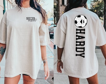 Comfort Colors® Soccer Mom With Kids Name & Number Shirt, Soccer Mama Shirt, Soccer Season Shirt, Sports Mom Tee, Soccer Gameday Mama Shirt