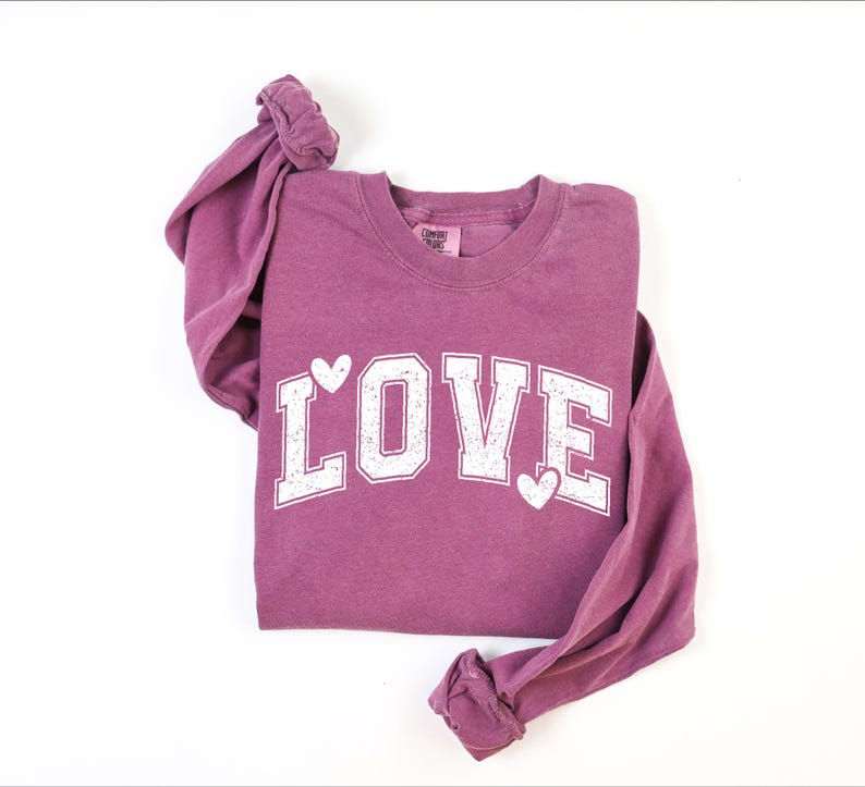 A purple long-sleeved shirt with the word "LOVE" printed on it in white letters.