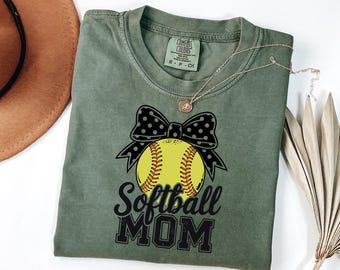 Comfort Colors® Coquette Bow Softball Mama Shirt, Mothers Day Gift For Softball Mama Shirt, Softball Season Shirt, Softball Lover Mom Gift