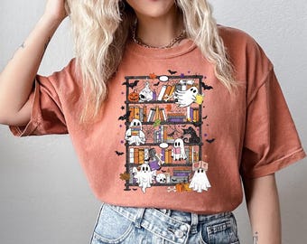 Comfort Colors® Retro Ghost Reading Books Shirt, Womens Halloween Shirt, Books Lover Halloween Shirt, Bookish Halloween Shirt, Spooky Season