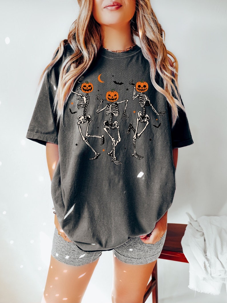 Comfort Colors® Dancing Skeleton Pumpkin Shirt, Retro Halloween Shirt, Womens Halloween Shirt, Cute Fall Shirt, Spooky Season, Pumpkin Face image 1