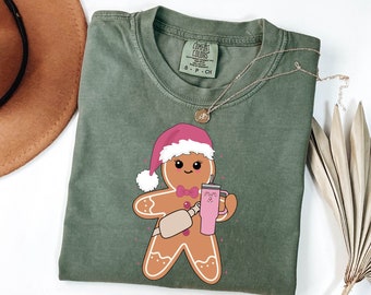 Comfort Colors® Cute Gingerbread Christmas Shirt, Merry Christmas Shirt, Womens Christmas Shirt, Merry & Bright Shirt, Retro Holiday Shirt